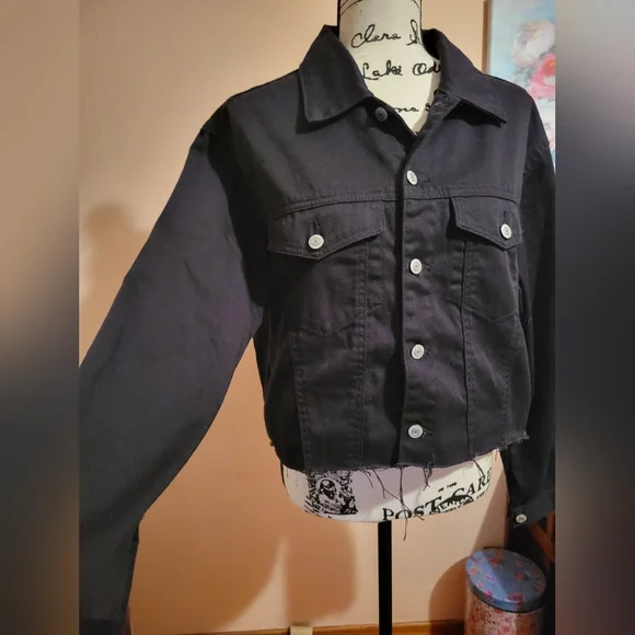 Brandy Melville J. Galt Cropped Black Denim Jacket, Raw Edge Hem, EUC, S - Picture 7 of 14